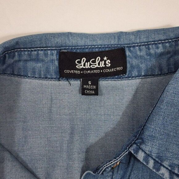 LULUS Blue Chambray - S - Long Sleeve Button Down Dress Tab Sleeves - Picture 5 of 9